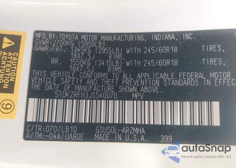 2018 Toyota Highlander Xle z USA, uszkodzony, nr VIN 5TDKZRFH3JS540070